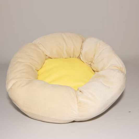 Flower Kitten or Puppy Bed - machine washable: cream flower-shaped pet bed with yellow interior, for small animals