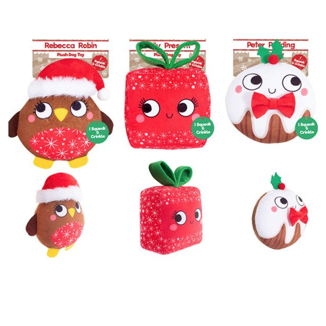 Six Christmas plush dog toys (robin, present, pudding designs), 20cm each with squeak and crinkle sounds.