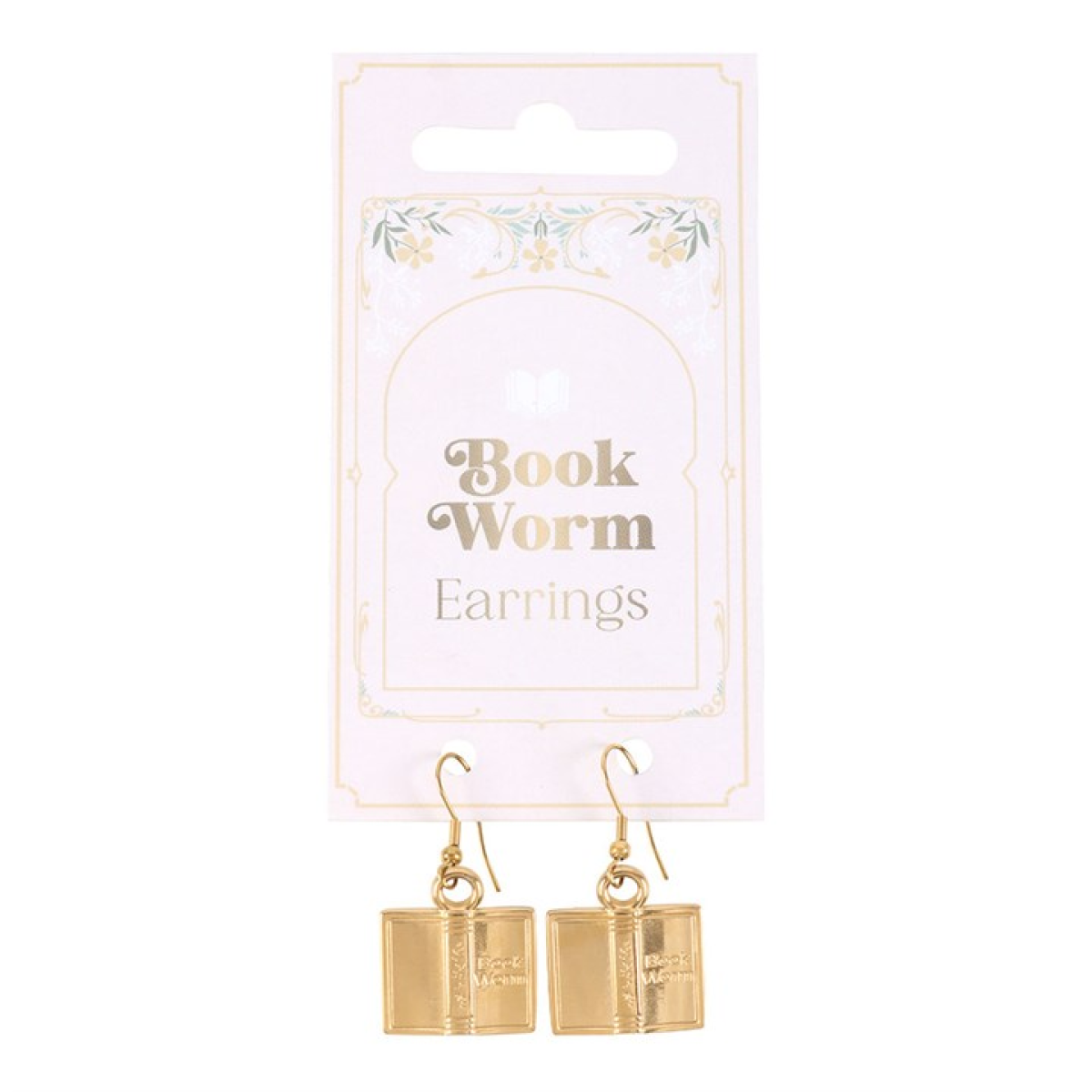Book Worm Earrings: gold-toned, book-shaped steel dangle earrings on a decorative card.