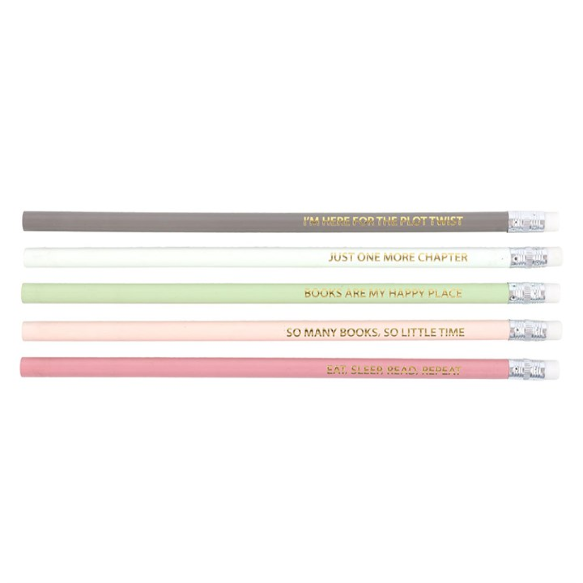 Pack of 5 pastel pencils with witty literature quotes for book lovers.