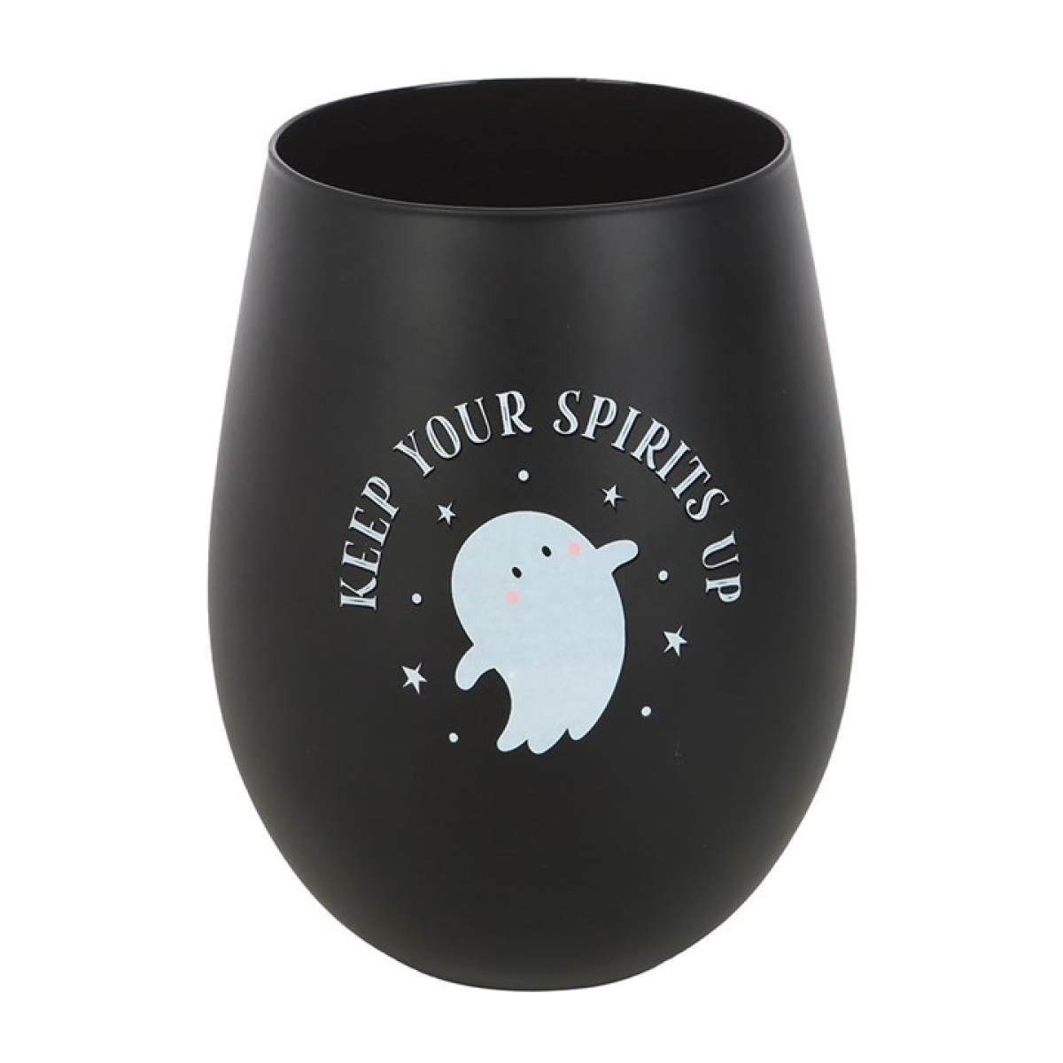 Keep Your Spirits Up stemless ghost glass with a pale blue ghost and stars on a black glass.