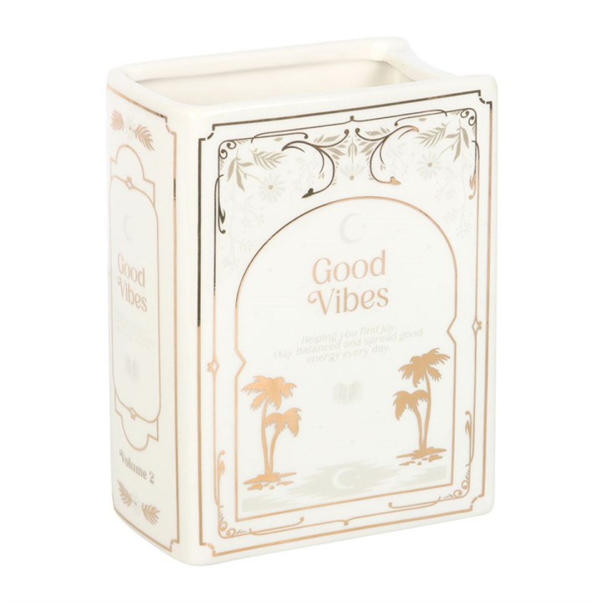 White book-shaped ceramic vase with gold detailing, palm trees and 'Good Vibes' motif.