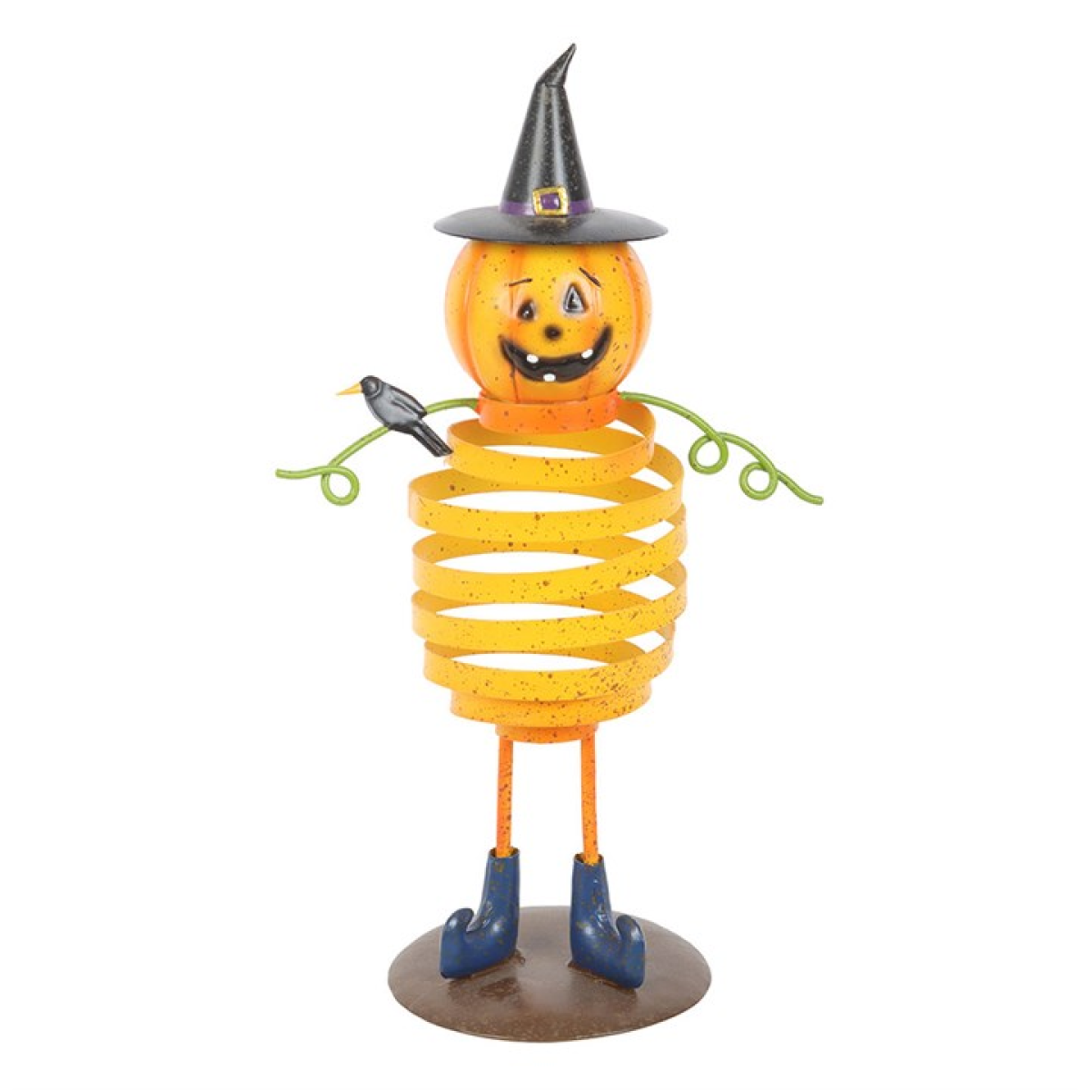 Orange metal Pumpkin Man ornament with spring body, witch hat, coiled arms, blue boots, on a round base, 28.5cm tall.