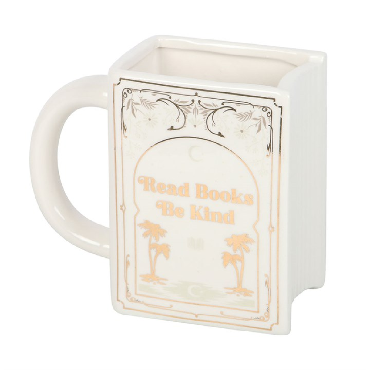 White book-shaped ceramic mug with Read Books Be Kind inscription and palm trees.