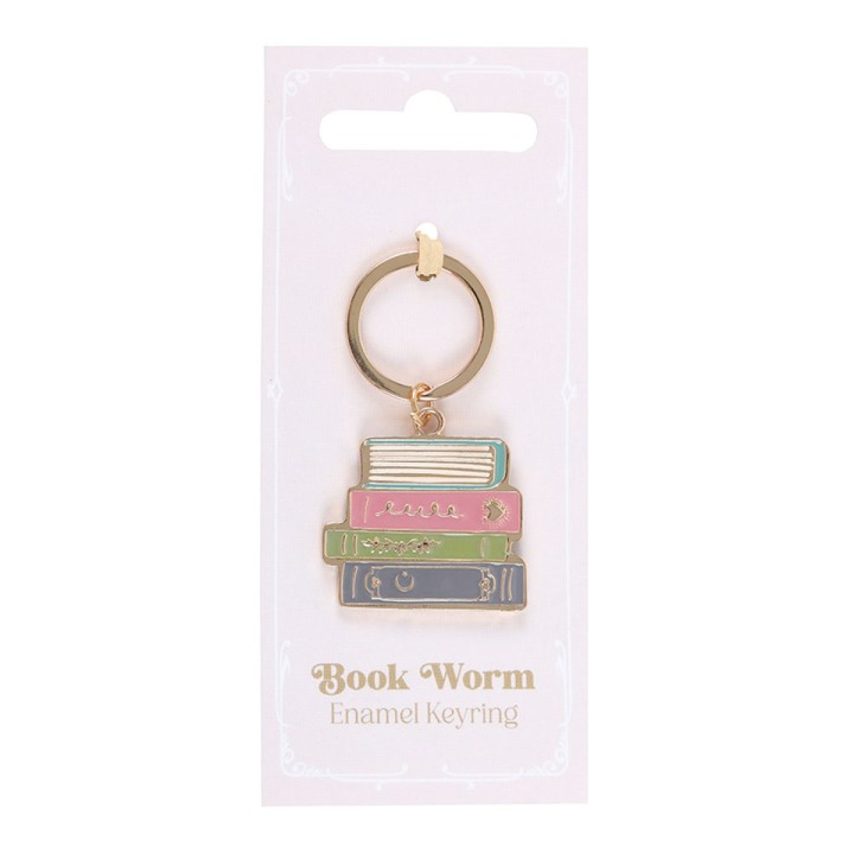 Book Worm enamel keyring shaped like a stack of colourful books on a gold ring.