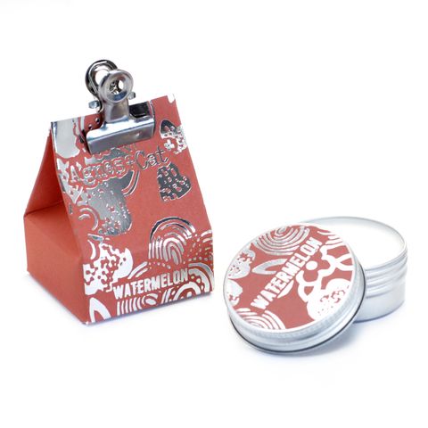 Agnes and Cat Lip Balm - Watermelon in unique packaging, perfect for soft lips and a delightful scent.
