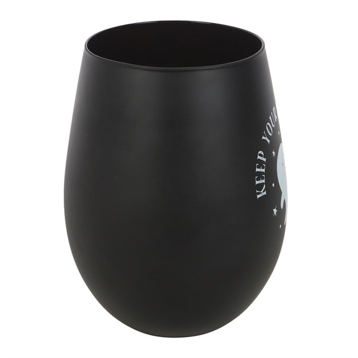 Black stemless ghost glass with 'Keep Your Spirits Up' print and ghost design for Halloween toast