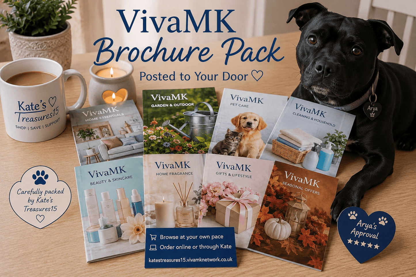 VivaMK brochure pack with a dog and coffee on a table