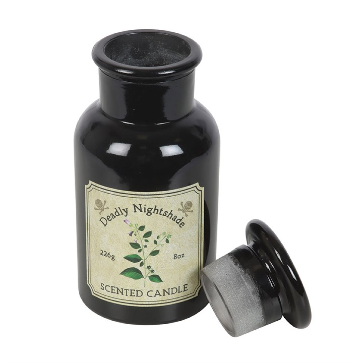 Deadly Nightshade Candle in a black apothecary bottle with vintage label and botanical illustration.