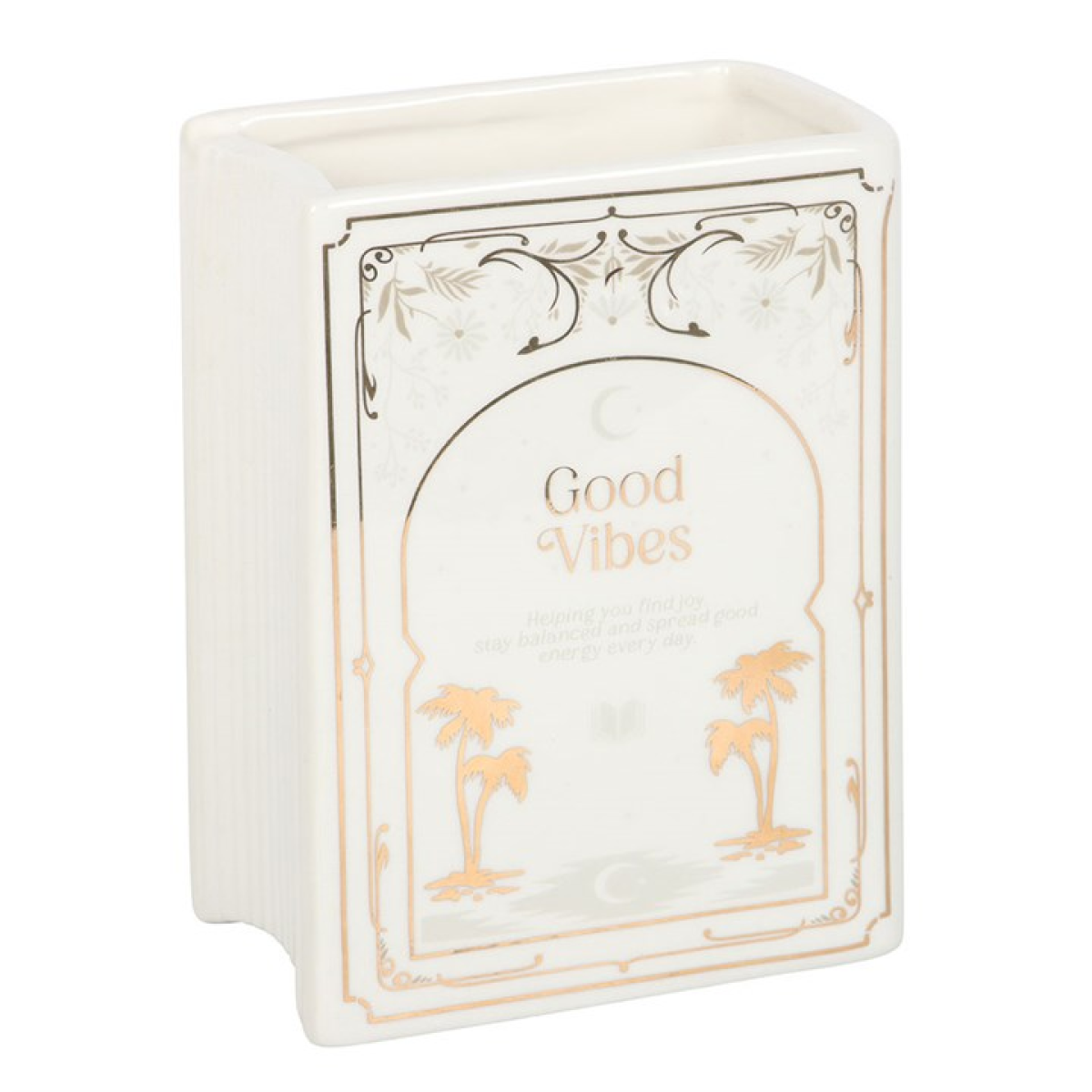 White book-shaped ceramic vase with gold detailing and 'Good Vibes' inscription, palm trees.