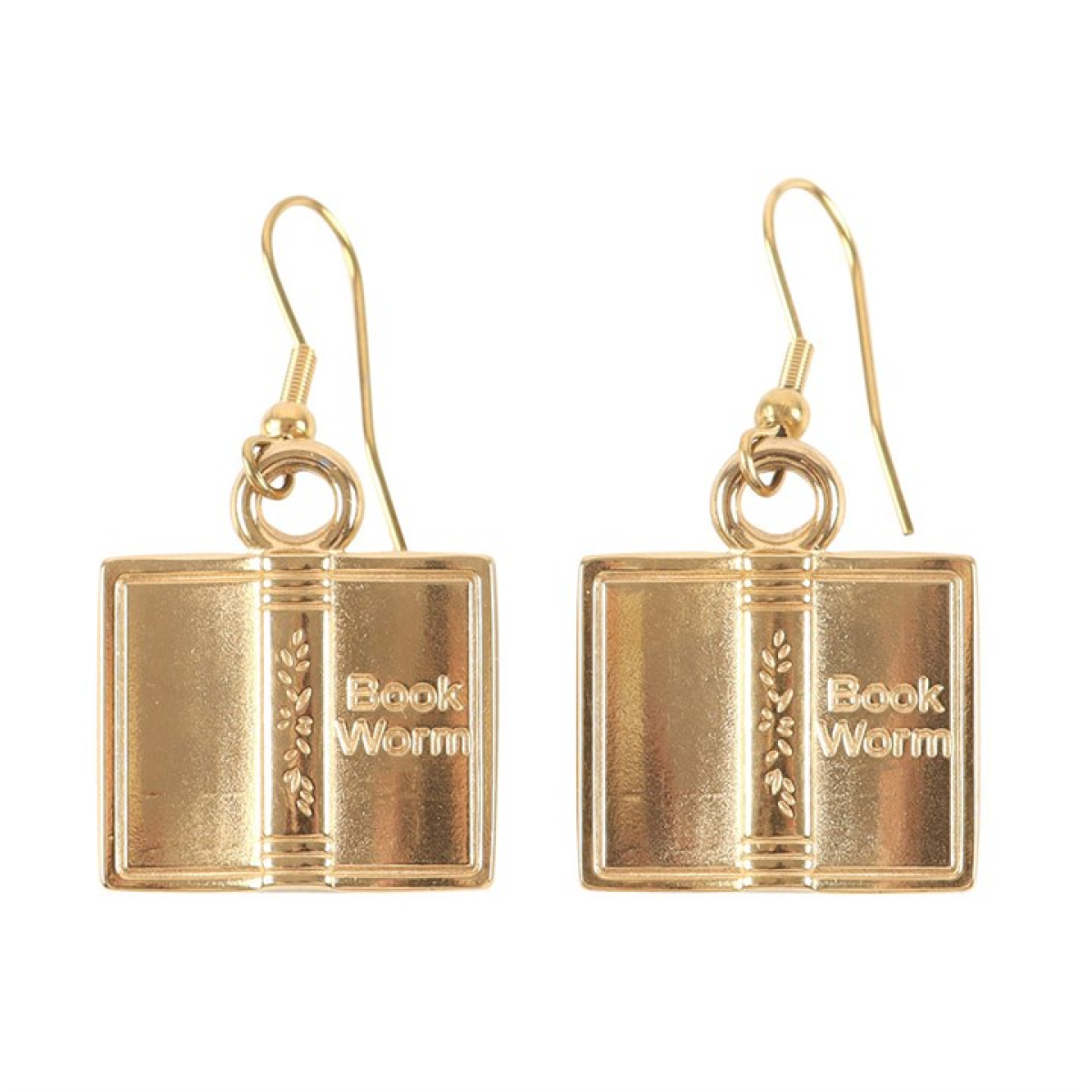 Gold-tone square book-shaped dangling earrings with Book Worm engraving.