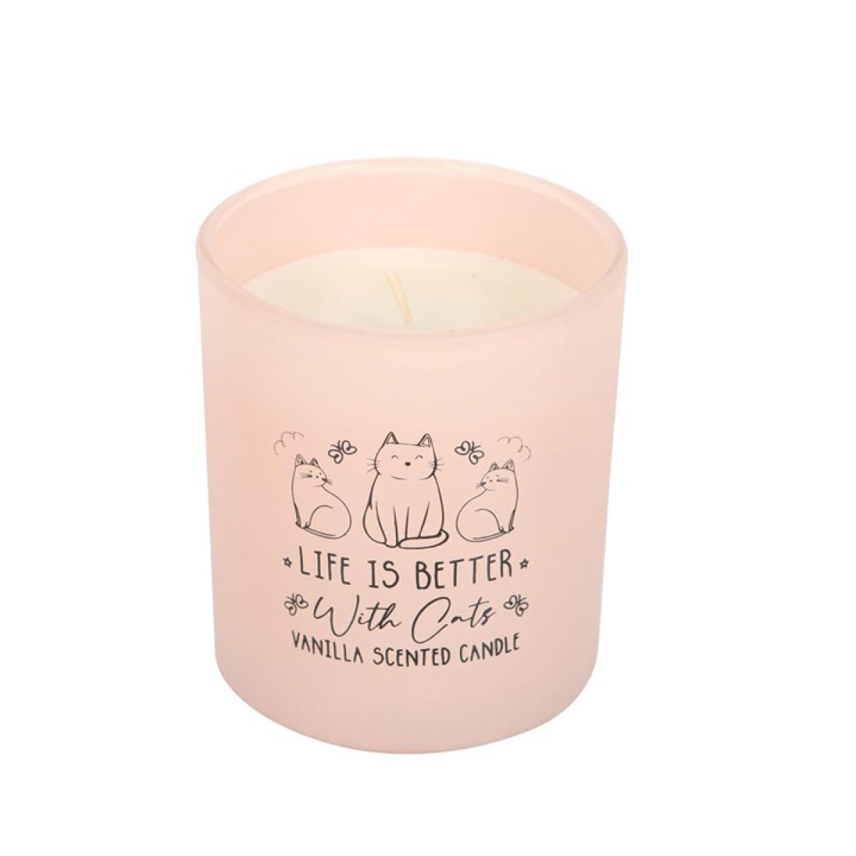 Blush pink glass jar vanilla scented candle with cat illustrations and 'Life Is Better With Cats' text.