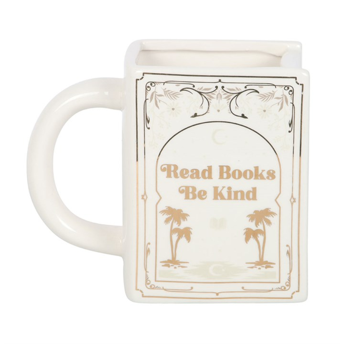 White book-shaped ceramic mug printed with 'Read Books Be Kind' and palm trees.