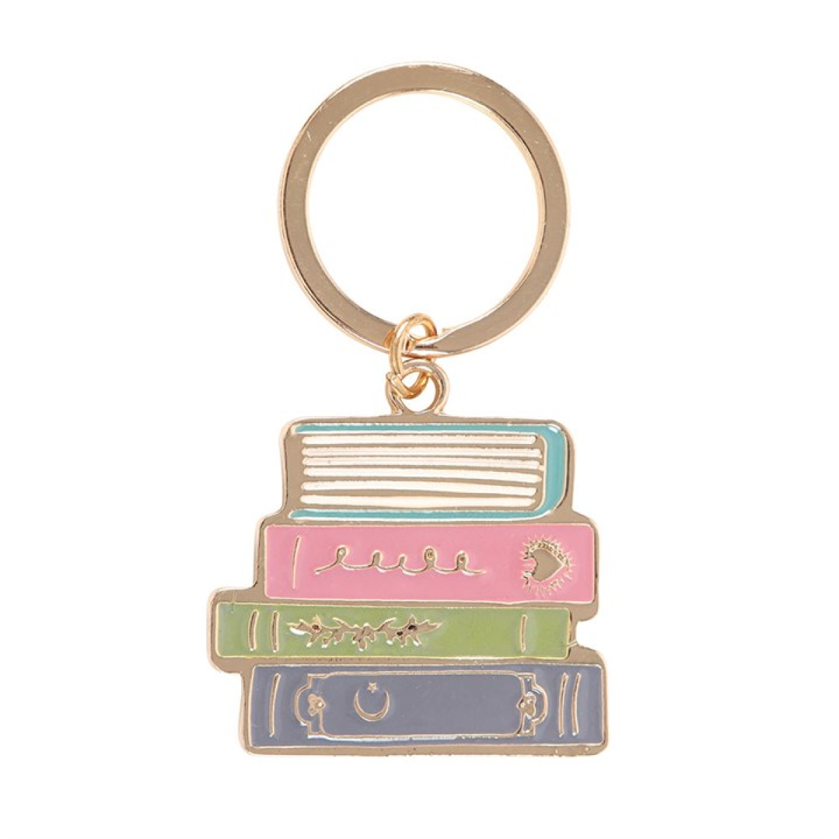 Book Worm keyring, enamelled stack of colourful books on a gold ring.