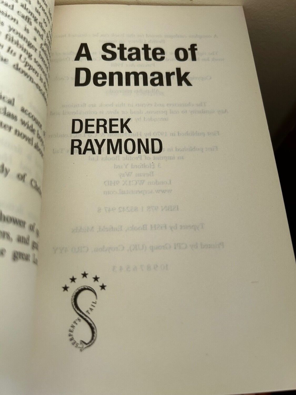Cover page of A State of Denmark by Derek Raymond (Book), published by Serpent's Tail, showcasing gripping crime fiction.