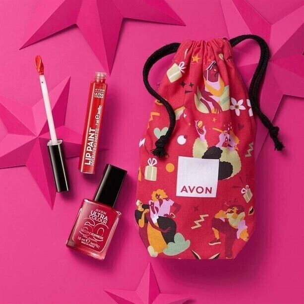 Avon Cracking Lip & Tint Gift Set featuring vibrant lip paint and nail polish in a stylish pouch, perfect for beauty lovers.