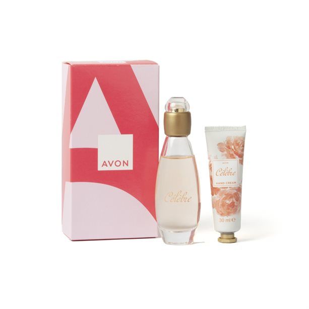 Avon Celebre Eau de Toilette 50ml Gift Set featuring a 50ml fragrance and 30ml hand cream in elegant packaging.