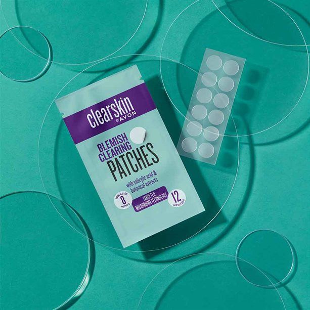 Avon Clearskin Blemish Clearing Patches on a vibrant teal background, designed to clear blemishes effectively.