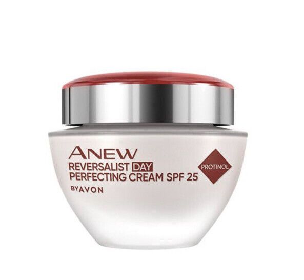 Avon Anew Reversalist Day Perfecting Cream offers age-defying benefits for all skin types in a sleek jar.