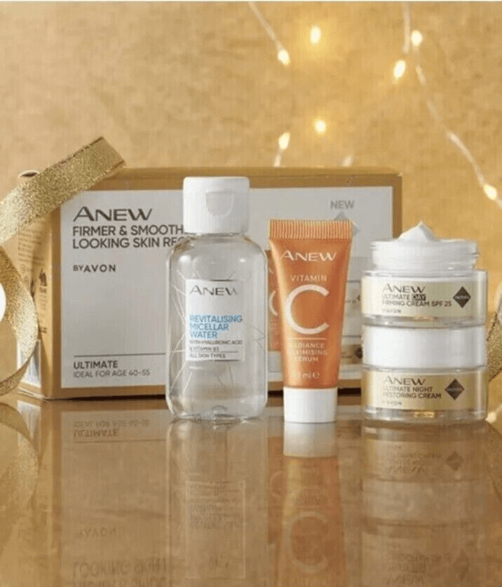 Avon Anew Ultimate Firmer kit includes revitalising micellar water, vitamin serum, and night cream for youthful skin.