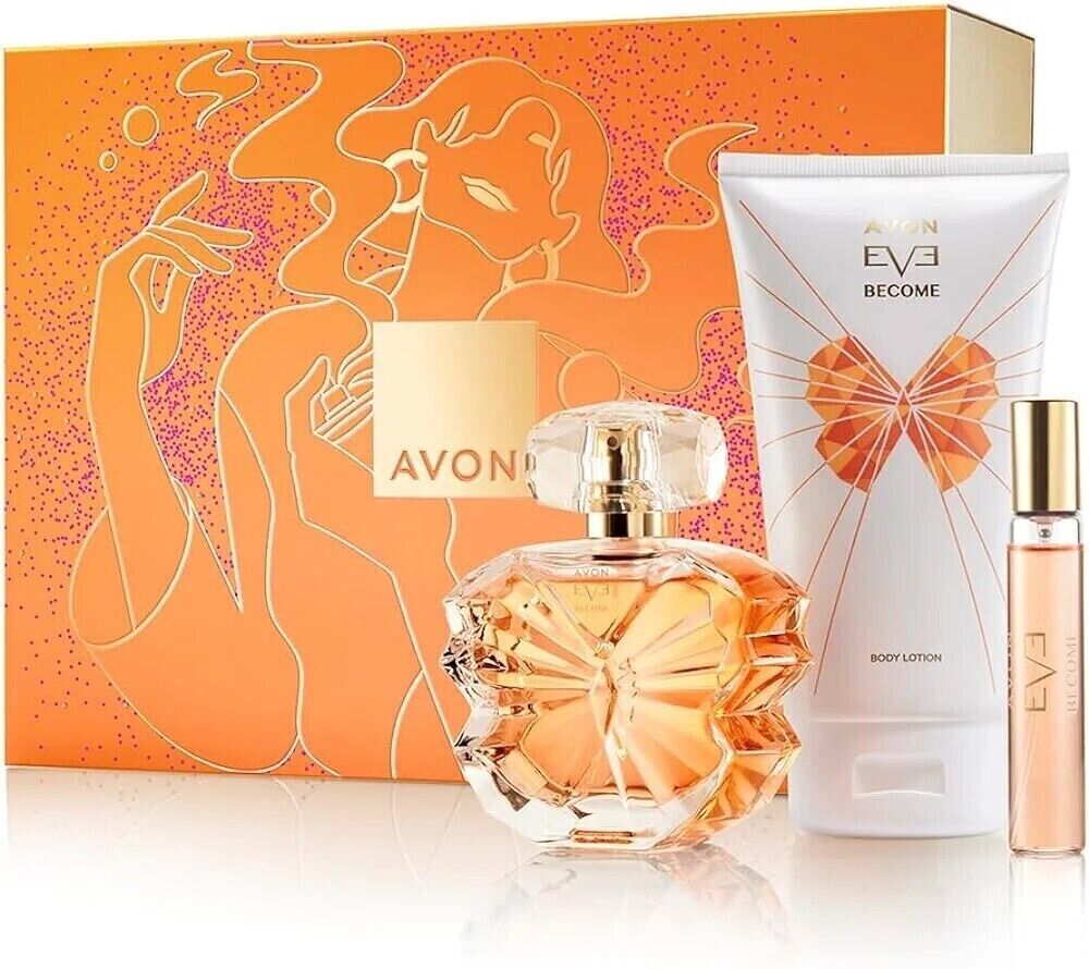 Avon Eve Become Gift Set for Her features a luxurious perfume and body lotion, beautifully packaged for elegance.