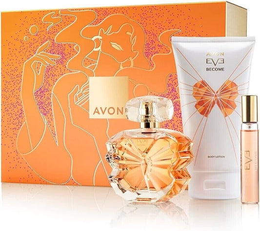 Avon Eve Become Gift Set for Her features a luxurious perfume and body lotion, beautifully packaged for elegance.