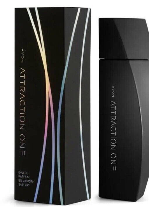Avon Attraction One Intense EDT packaging and bottle, black with coloured lines, 50ml unisex eau de toilette.