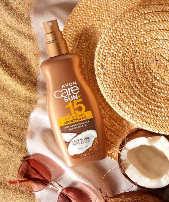 Avon Care Sun Protecting Bronzing Oil offers sun protection and a radiant glow on a summer backdrop with accessories.