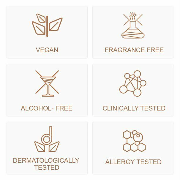 Avon Distillery C Shot Powder icons showcasing its vegan, alcohol-free, and clinically tested skincare benefits.