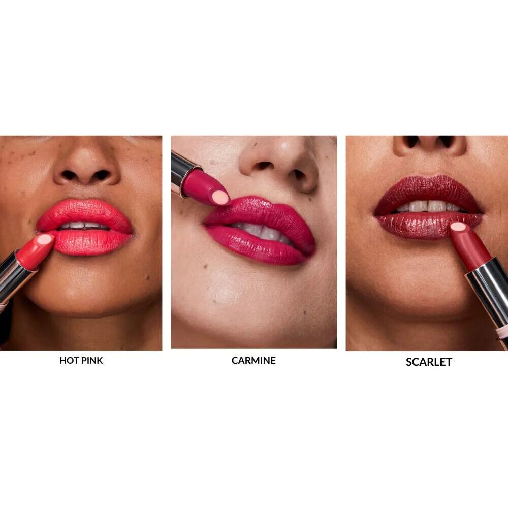 Avon Hydramatic SHINE Lipstick with a Hydrating Hyaluronic Core, Choose your colour, shown in Hot Pink, Carmine, and Scarlet.