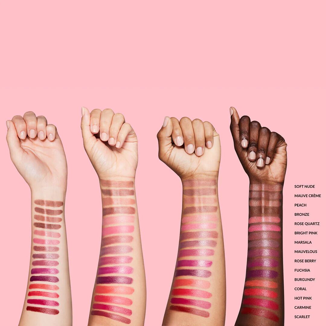 Swatches of Avon Hydramatic SHINE Lipstick with a Hydrating Hyaluronic Core, Choose your colour for radiant lips.