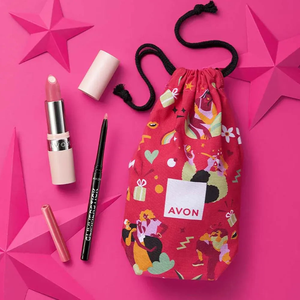 Avon Hydramatic Iconic Pink Lip Gift Set with lipstick, lip liner, and a stylish pouch on a vibrant pink background.