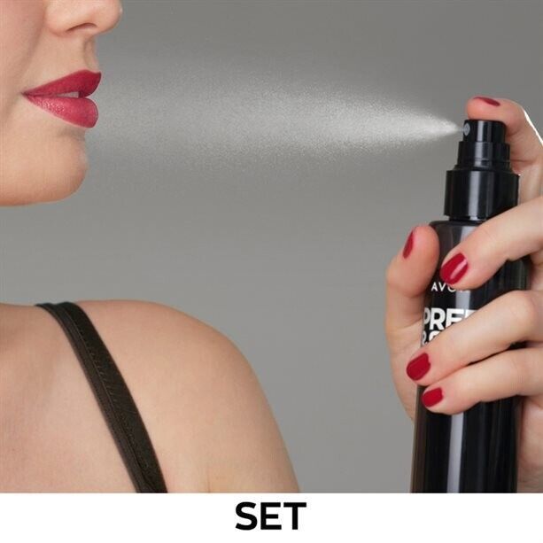 Woman applying Avon Set and Prep Spray for flawless makeup and all-day wear, enhancing her beauty routine.