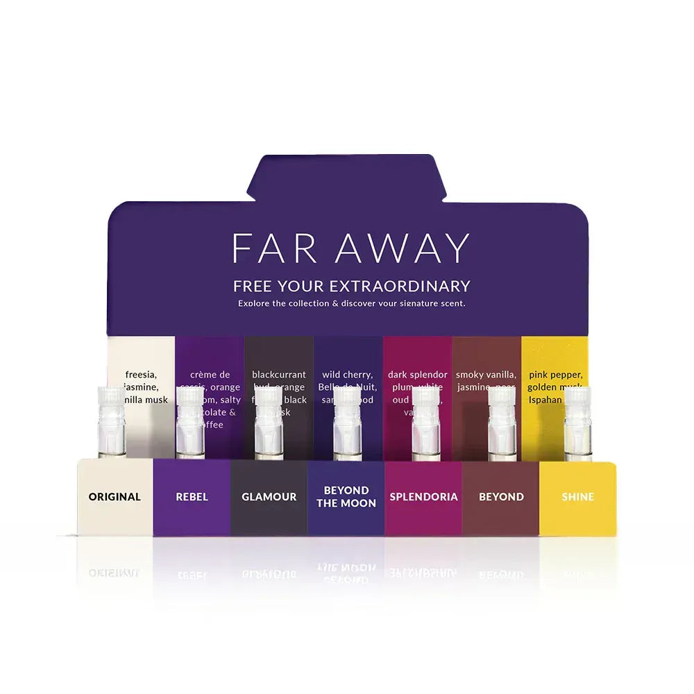 Discover your signature scent with the Avon Far Away Fragrance Wardrobe, featuring seven exquisite perfume samples.