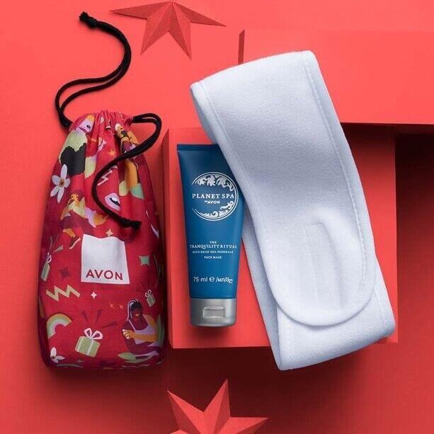 Indulge in the Avon Planet Spa Moments Of Joy Facial Care Gift Set, featuring a luxurious mask and headband for skincare bliss.