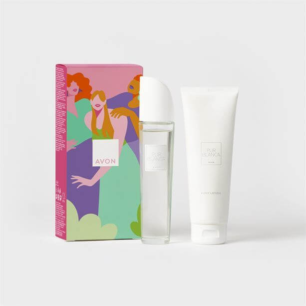 Avon Pur Blanca Eau de Toilette 50ml Gift Set, featuring a fragrance and body lotion, perfect for elegant women.