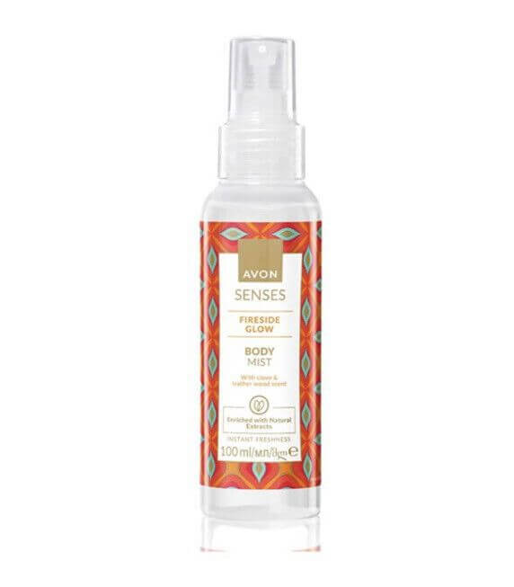Avon Senses Fireside Glow Body Mist 100ml offers a warm, inviting fragrance blending clove and leatherwood notes.
