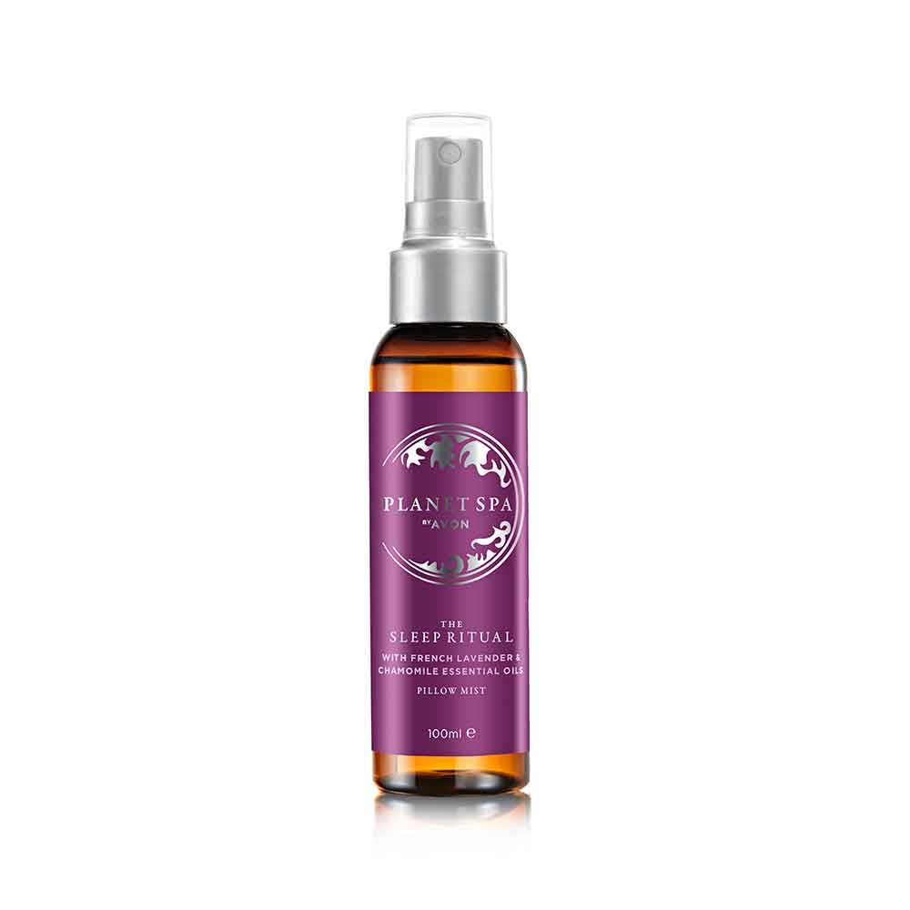 Avon Planet Spa Aromatherapy Beauty Sleep Pillow Mist 100ml bottle, infused with lavender and chamomile for restful nights.
