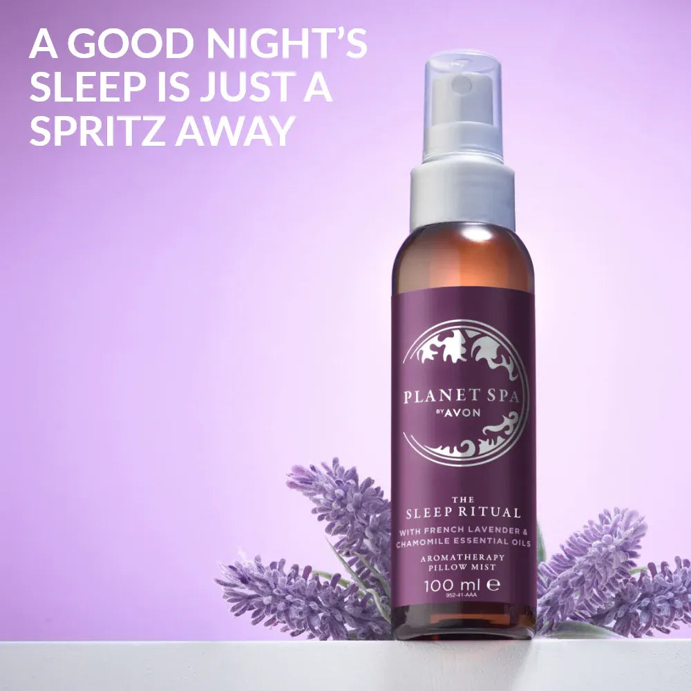 Avon Planet Spa Aromatherapy Beauty Sleep Pillow Mist creates a calming bedtime atmosphere with lavender and chamomile.