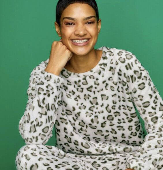 Stylish model showcasing the Avon Grey Leopard Print Lounge Set, perfect for comfort and chic loungewear.