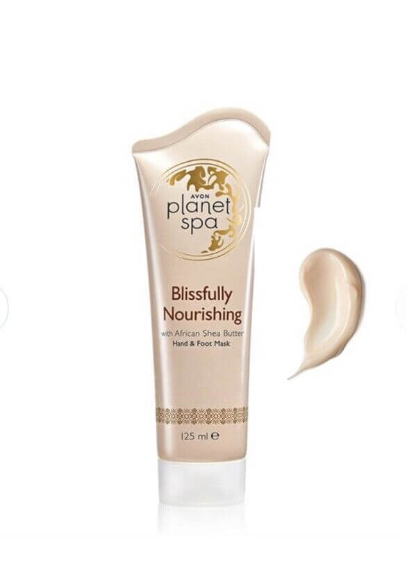 Avon Planet Spa Blissfully Nourishing Hand & Foot Mask enriched with African Shea Butter for deep hydration.