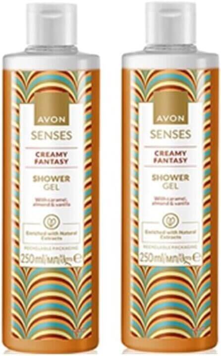 Avon Senses Creamy Fantasy Shower Gel - 250ml x2, a luxurious blend of caramel, almond, and vanilla for a fragrant escape.