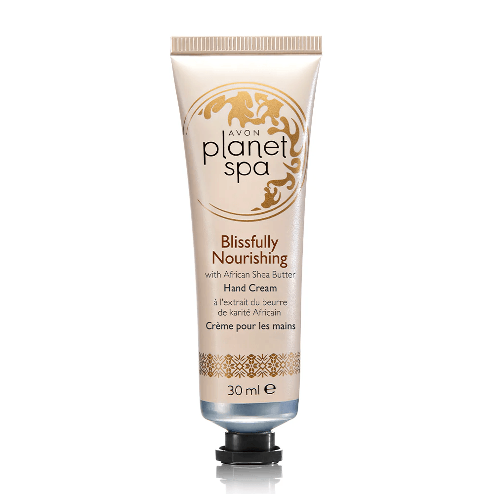Avon Planet Spa Blissfully Nourishing Hand Cream with African Shea Butter for soft, hydrated hands and skincare transformation.