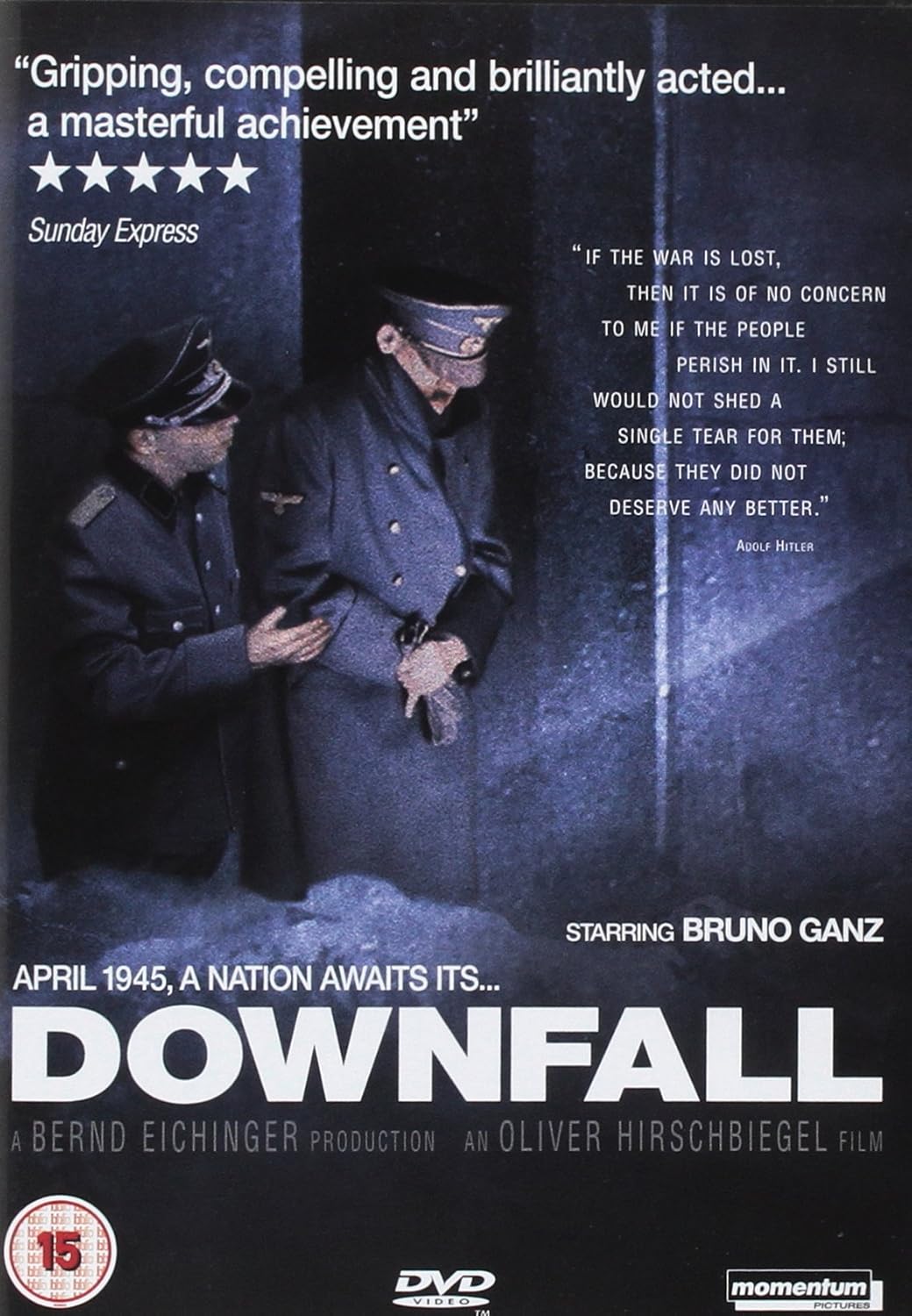Downfall (DVD) cover showcasing the gripping historical drama directed by Oliver Hirschbiegel, featuring Bruno Ganz.