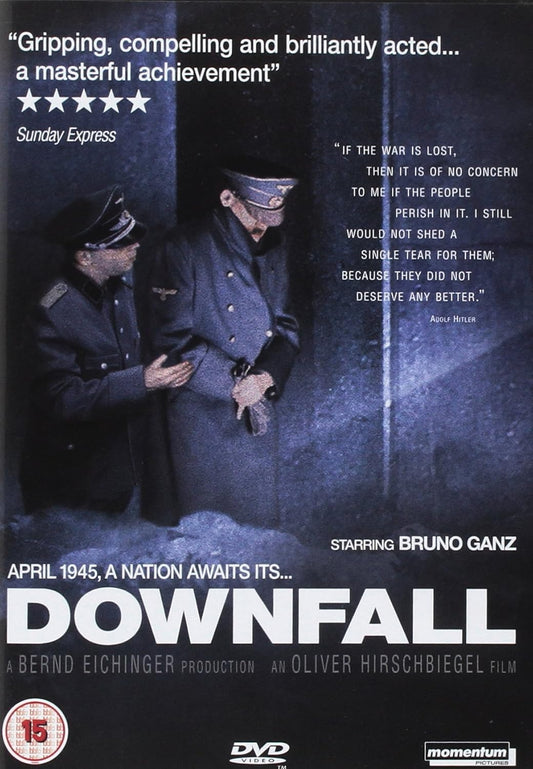 Downfall (DVD) cover showcasing the gripping historical drama directed by Oliver Hirschbiegel, featuring Bruno Ganz.