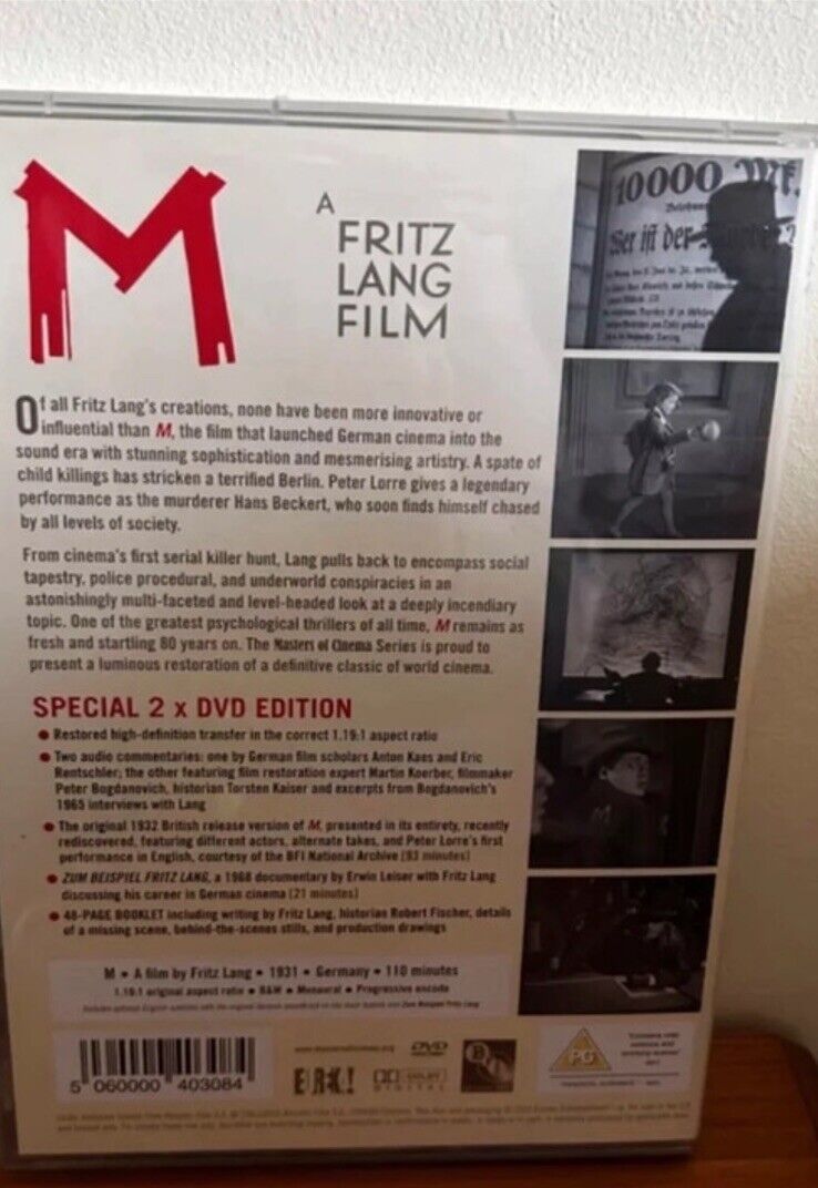 M (DVD, 2012) showcases Fritz Lang's classic film, featuring Peter Lorre in a chilling performance for collectors.