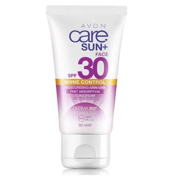 Avon Care Sun SPF30 Face Shine Control Sun Cream Fast Absorption offers matte protection for all skin types in a 50 ml tube.