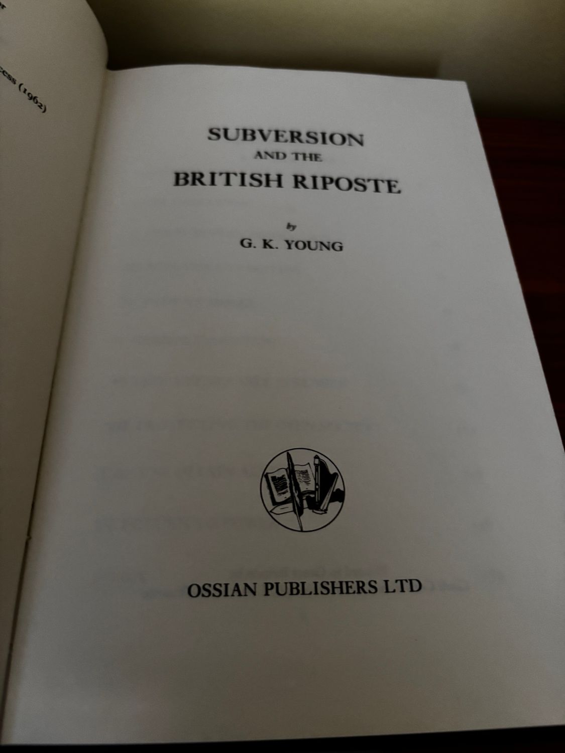 Title page of "Subversion and the British Riposte by G.K. Young (Hardcover, 1984)" from Ossian Publishers Ltd.