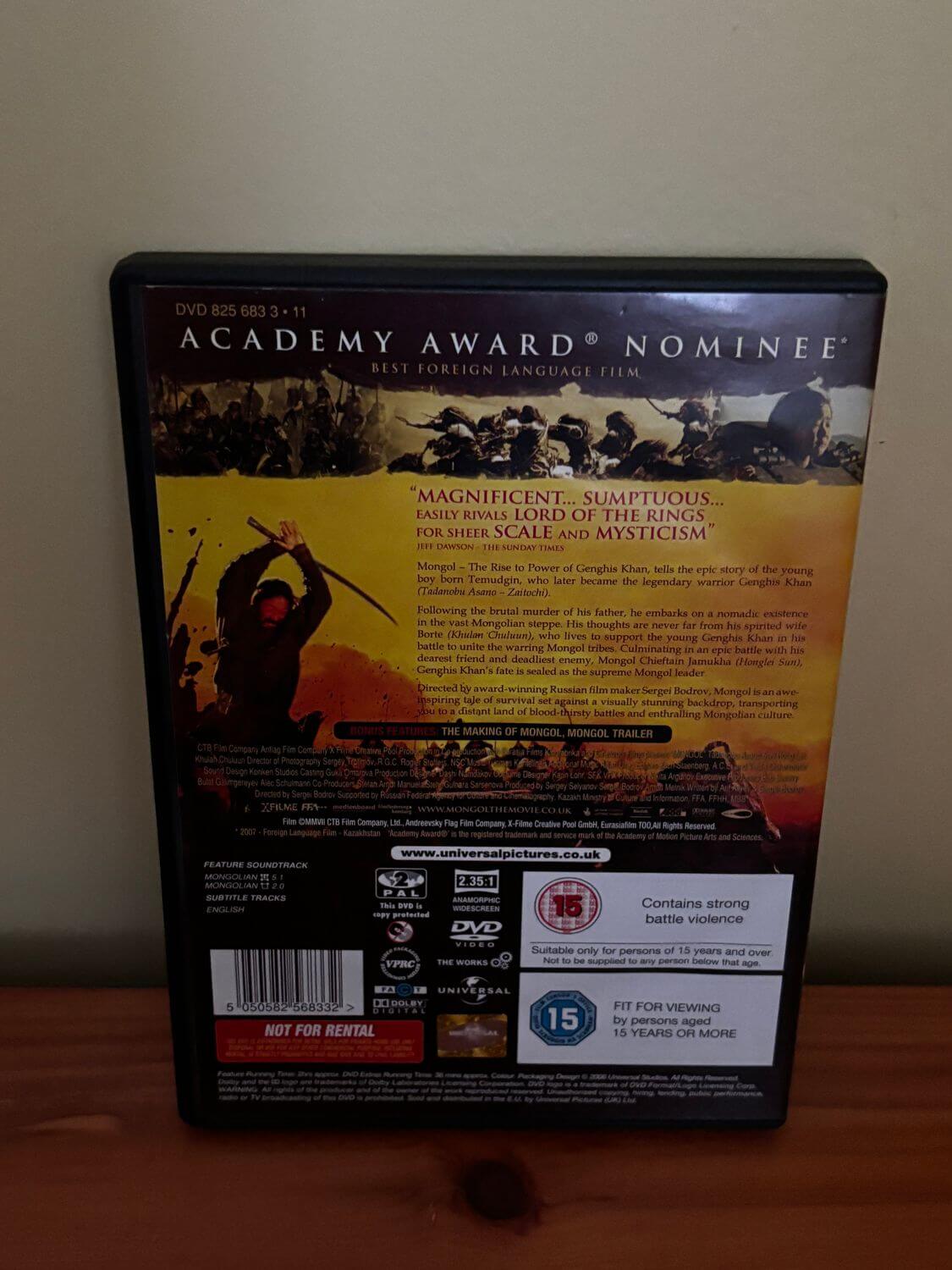 Mongol The Rise to Power of Genghis Khan DVD Historical Action Adventure Film showcases its award-nominated back cover design.