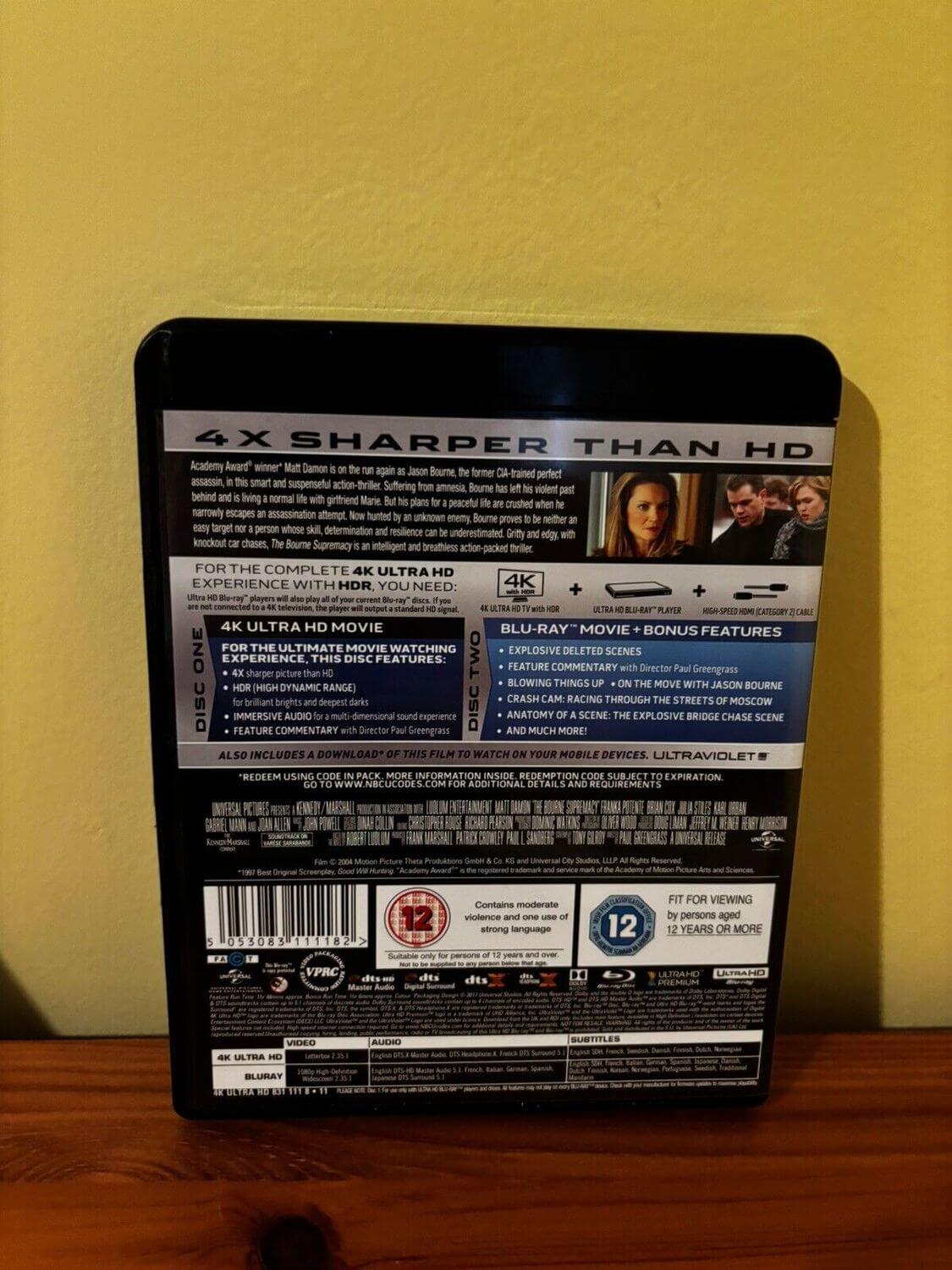 The Bourne Supremacy 4K Ultra HD Blu-ray Region B showcases thrilling espionage in a stunning 2-disc edition.